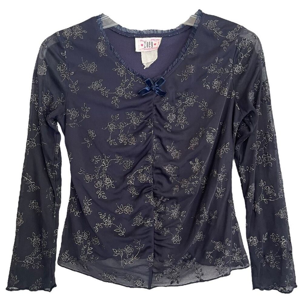 Zoey Y2K Whimsigoth Top Small Chiffon Navy Silver Floral Velvet Bow Fairycore